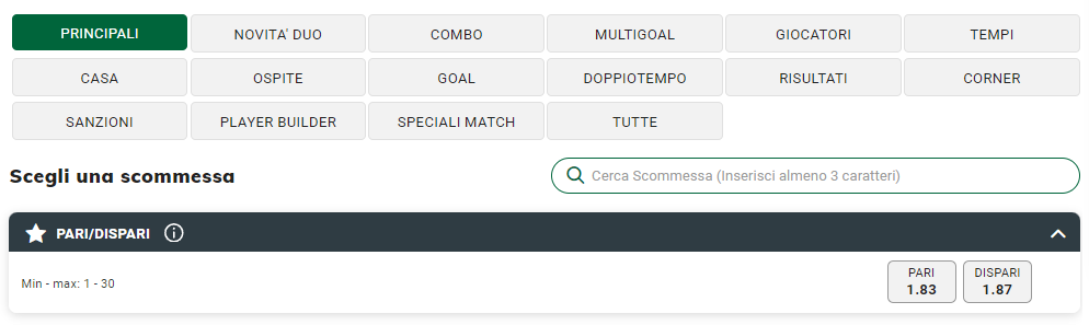 Serie A Tipo di Scommesse